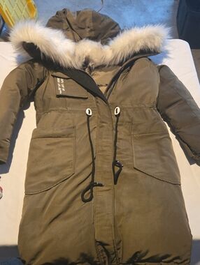 Olive Green Hooded Parka with Faux Fur Trim